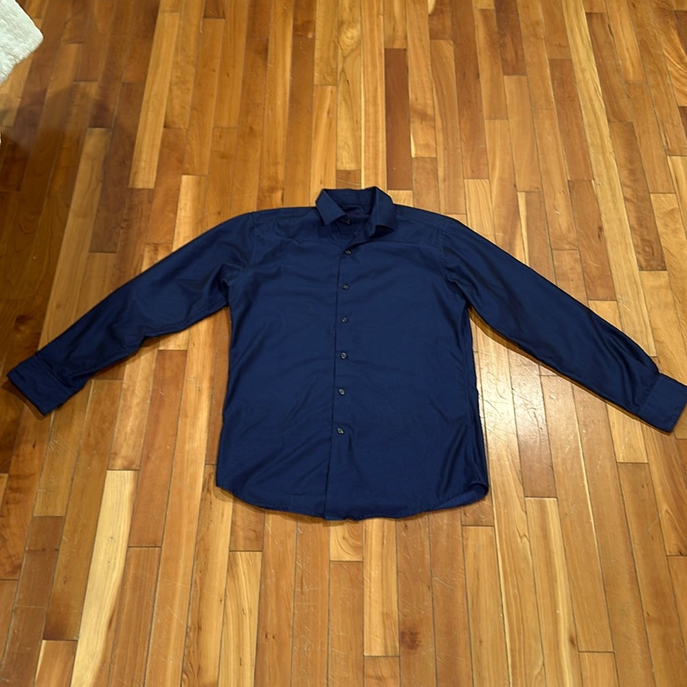 Alfani - Men’s Navy & Black Striped Button-Down Dress Shirt, Size 14.5, 32/33